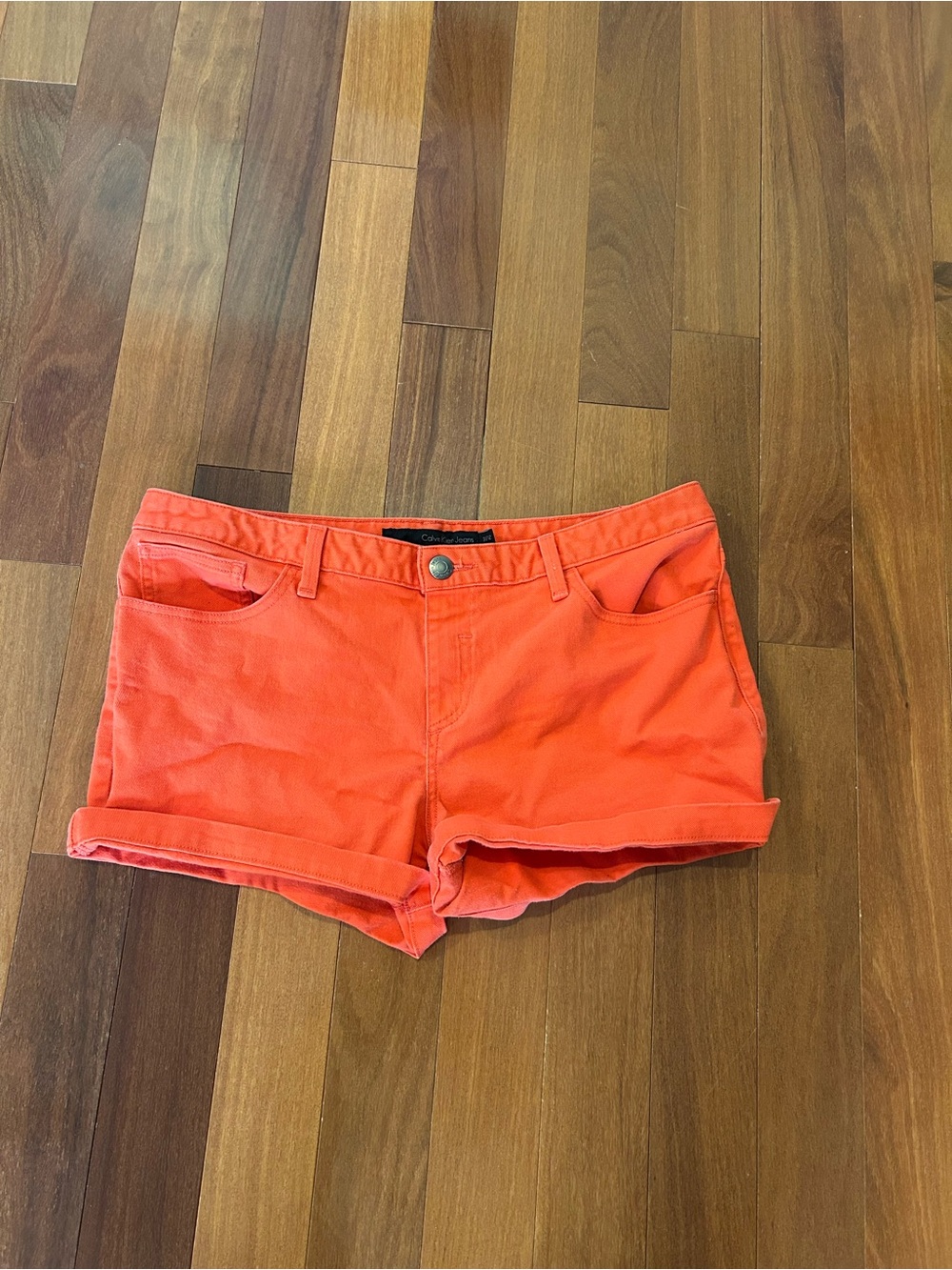 Calvin Klein Coral/Orange Roll-Cuff Jean Shorts